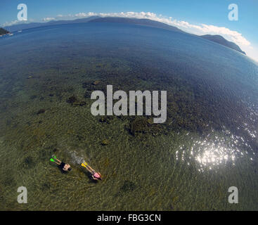 Luftaufnahme von paar Schnorcheln am Great Barrier Reef off Fitzroy Island, in der Nähe von Cairns, Queensland, Australien. Kein Herr Stockfoto