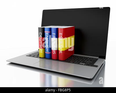 3D Illustration. Laptop mit Wörterbüchern. E-Learning. Sprachen lernen und übersetzen, Bildungskonzept. Isolierten weißen staatlich Stockfoto