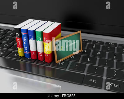 3D Illustration. Wörterbücher und Blackboard auf Computer-Tastatur. E-Learning. Sprachen lernen und übersetzen, Bildungskonzept. Stockfoto