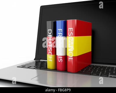 3D Illustration. Wörterbücher auf Computer-Tastatur. E-Learning. Sprachen lernen und übersetzen, Bildungskonzept. Stockfoto