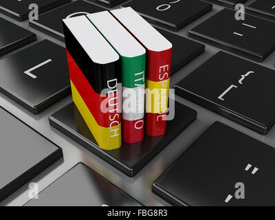 3D Illustration. Wörterbücher auf Computer-Tastatur. E-Learning. Sprachen lernen und übersetzen, Bildungskonzept. Stockfoto