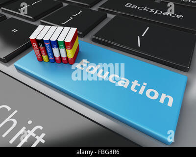 3D Illustration. Wörterbücher auf Computer-Tastatur. E-Learning. Sprachen lernen und übersetzen, Bildungskonzept. Stockfoto