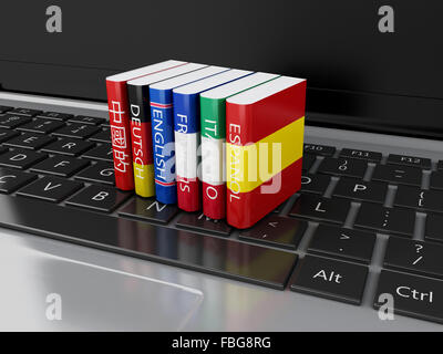 3D Illustration. Wörterbücher auf Computer-Tastatur. E-Learning. Sprachen lernen und übersetzen, Bildungskonzept. Stockfoto