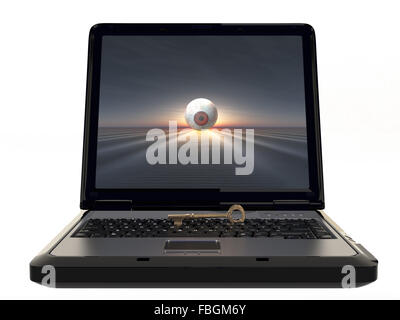 Ein Computer-Laptop mit einer Taste auf der Tastatur und ein Auge zu beobachten. Stockfoto