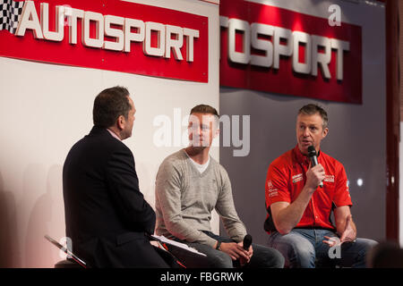 Birmingham, UK, 16. Januar 2016. Matt Neal und Gordon Shedden auf der Autosport-Interview-Bühne, sie sind beide Fahrer in der BTCC-Credit: Steven Reh/Alamy Live News Stockfoto