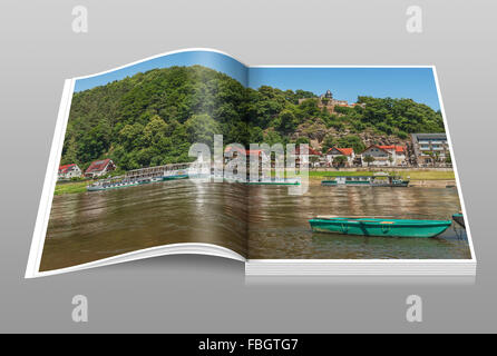 Blick über die Elbe zu Health Resort Rathen, Sachsen, Sächsische Schweiz, Europa Stockfoto