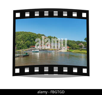 Blick über die Elbe zu Health Resort Rathen, Sachsen, Sächsische Schweiz, Europa Stockfoto