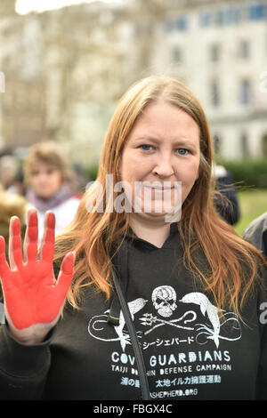 London, UK. 16. Januar 2016. Zentrum von London an die japanische Botschaft gegen die Tötung von Delfinen in Japan zu protestieren Stockfoto