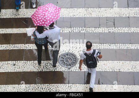 São Paulo, Brasilien. 14. Januar 2016. Menschen sind in der Fußgängerzone Fuß. Ein Fußgänger schützt feinen Nieselregen auf der Straße im zentralen São Paulo. Bildnachweis: William Volcov/Alamy Live-Nachrichten Stockfoto