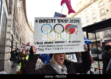 London, UK. 16. Januar 2016. Zentrum von London an die japanische Botschaft gegen die Tötung von Delfinen in Japan zu protestieren Stockfoto