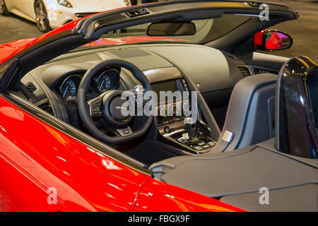 Detroit, Michigan - The Jaguar F-Type in einer Sammlung von Ultra-Luxus-Autos auf dem Display während der Detroit Auto Show. Stockfoto