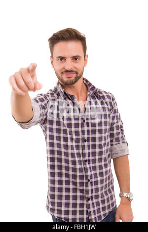 Hübscher junger Mann an sie gerichtet, auf weißem Hintergrund Stockfoto