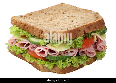 Sandwich-Toast-Brot zum Frühstück mit Schinken, Käse, Tomaten, Kopfsalat, isoliert auf weißem Hintergrund Stockfoto