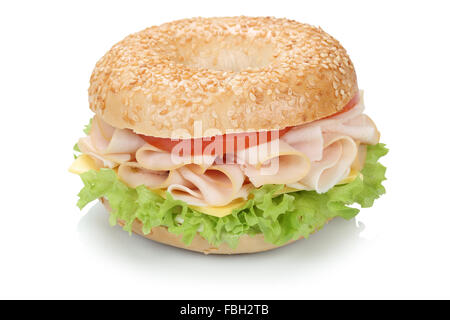 Sandwich Bagel zum Frühstück mit Schinken, Käse, Tomaten und Kopfsalat isoliert auf weißem Hintergrund Stockfoto