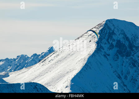 Gleitschirmflieger schweben hoch über dem Tal von Chamonix Stockfoto