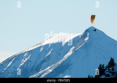 Gleitschirmflieger schweben hoch über dem Tal von Chamonix Stockfoto