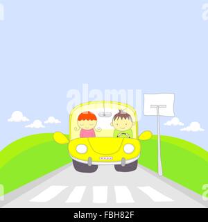 Niedliche Cartoon-paar mit dem Auto anreisen. Stock Vektor