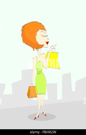 Cartoon-Frau mit Einkaufstüten. Stock Vektor