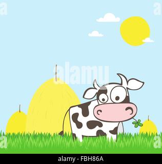 Cartoon-Kuh auf der grünen Wiese mit gestapelten Heu im Hintergrund Stock Vektor