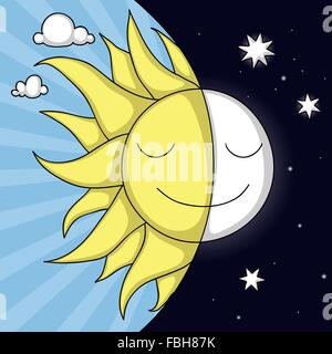 Netten Tag und Nacht Illustration mit lächelnden Sonne und Mond Stock Vektor