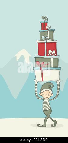 Karikatur eines Elfen tragen Geschenkverpackungen für Weihnachten Stock Vektor