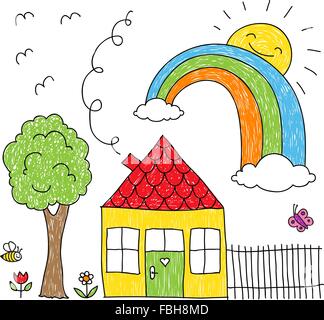 Kindisch Doodle ein Regenbogen über ein kleines Haus und ein Baum Stock Vektor