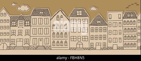 Karton Ausschnitt Doodle Häuser, horizontale nahtloses Muster Stock Vektor