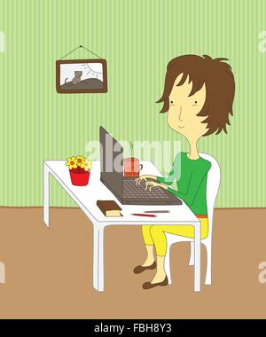 Cartoon-Mädchen sitzt an ihrem Schreibtisch auf einem Laptop arbeiten. Stock Vektor