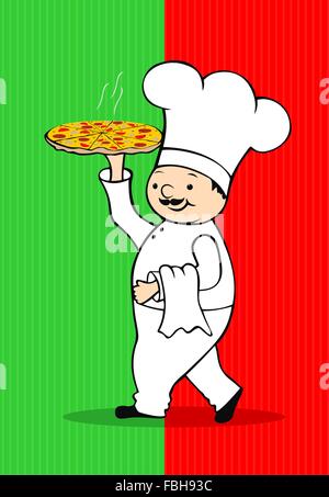 Niedlichen Cartoon Chef liefert eine frisch gebackene Pizza. Stock Vektor