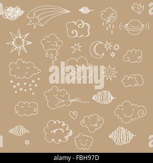 Niedliche Himmel doodle mit Wolken, Sonne, Mond, Sterne, Planeten. Stock Vektor