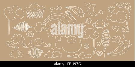 Niedliche Doodle Himmel Elemente: Sonne, Mond, Wolken, Sternen und Regenbogen. Stock Vektor
