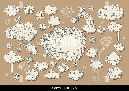 Niedliche Doodle Himmel Elemente: Sonne, Wolken, Sternen und Regenbogen. Stock Vektor