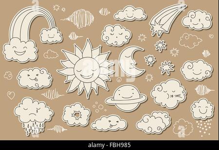 Niedliche Doodle Himmel und Wetter bezogene Elemente für Ihr Design. Stock Vektor