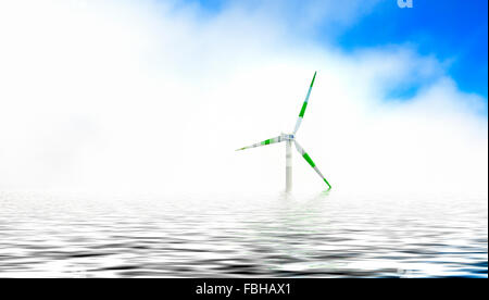 Windkraftanlagen auf einen Windpark in Madeira Portugal mit einem digitalen Meer hinzugefügt. Stockfoto