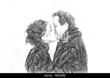 Küssende Paar auf der Straße, raue digitale Skizze. Stockfoto