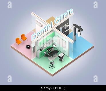 Isometrische Ansicht der Zahnklinik Interieur. 3D-Rendering Bild mit Beschneidungspfad. Original-Design. Stockfoto