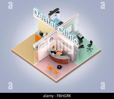 Isometrische Ansicht der Zahnklinik Interieur. 3D-Rendering Bild mit Beschneidungspfad. Original-Design. Stockfoto