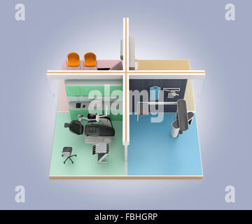 Isometrische Ansicht der Zahnklinik Interieur. 3D-Rendering Bild mit Beschneidungspfad. Original-Design. Stockfoto