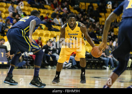 Towson, MD, USA. 16. Januar 2016. Towson Tigers nach vorn Arnaud William Adala Moto #24 in Aktion während der ersten Hälfte der NCAA Basketball-Spiel zwischen den Towson Tigers und Drexel Dragons in SECU Arena in Towson MD. Towson besiegte Drexel 69-50. Kenia Allen/CSM/Alamy Live-Nachrichten Stockfoto