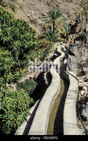 Wadi Bani Kharus, Oman.  Bewässerung-Kanal (Falaj) Kanalisierung Wasser auf landwirtschaftliche Flächen. Stockfoto