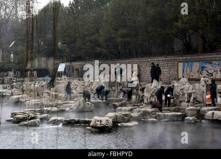 Jinan, China Shandong Provinz. 17. Januar 2016. Menschen bekommen Wasser aus Nebel umhüllt Baishi Frühjahr in Jinan, der Hauptstadt der ostchinesischen Provinz Shandong, 17. Januar 2016. © Zhu Zheng/Xinhua/Alamy Live-Nachrichten Stockfoto