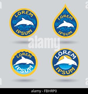 Schwimmen oder Sport Club Logo set mit Delphin und Wasser Tropfen Abbildung Stock Vektor