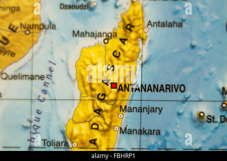 Foto von einer Karte von Madagaskar und der Hauptstadt Antananarivo. Stockfoto