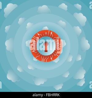 Geschützt von Cloud computing. Idyllische Wolkengebilde aus der Zukunft der Datenspeicherung und Datenverarbeitung. Stock Vektor