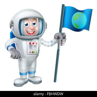 Ein Beispiel für eine Cartoon-Astronaut hält eine Fahne mit der Erde drauf Stockfoto