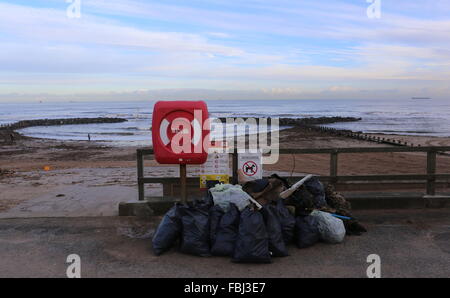 Aberdeen, Großbritannien. 16. Januar 2016. Reinigen Sie am Strand von Aberdeen unterwegs sind. Nach der jüngsten Stürme, die das Ufer mit Ablagerungen aus den Flüssen übersäht Don und Dee Aberdeen, uk. Credit: Stephen Finn/alamy leben Nachrichten Stockfoto