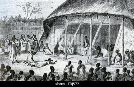 MUTEESA I von BUGANDA erhält Entdecker John Speke (rechts) und James Grant im Jahr 1862.  Aus einer Zeichnung von Grant eingraviert. Stockfoto