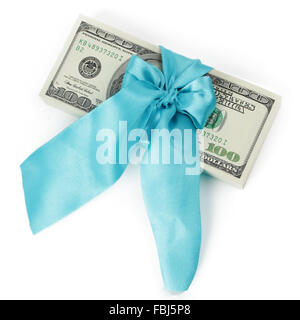 Bündel von Dollar in das blaue Band als Geschenk Stockfoto