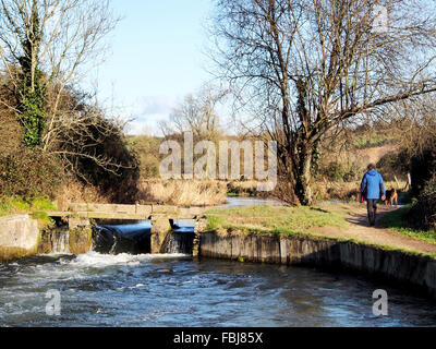 Das alte Compton Schloss, jetzt ist ein Wehr auf die Itchen Navigation am Shawford, Winchester auf dem Fußweg Itchen Weg. Stockfoto