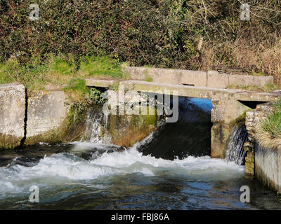 Das alte Compton Schloss, jetzt ist ein Wehr auf die Itchen Navigation am Shawford, Winchester auf dem Fußweg Itchen Weg. Stockfoto